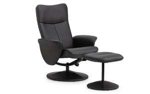 Julian Bowen Lugano Recliner Chair & Footstool with Covered Swivel Base – Black Faux Leather