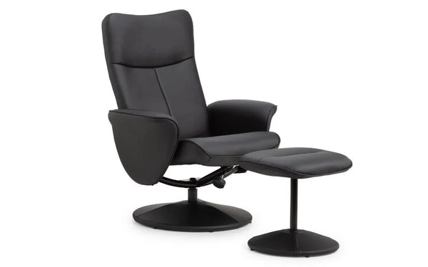 Julian Bowen Lugano Recliner Chair & Footstool with Covered Swivel Base – Black Faux Leather