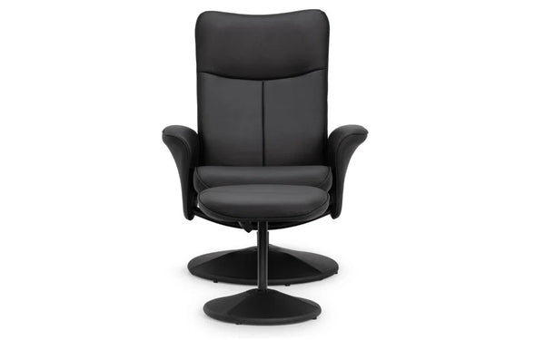 Julian Bowen Lugano Recliner Chair & Footstool with Covered Swivel Base – Black Faux Leather