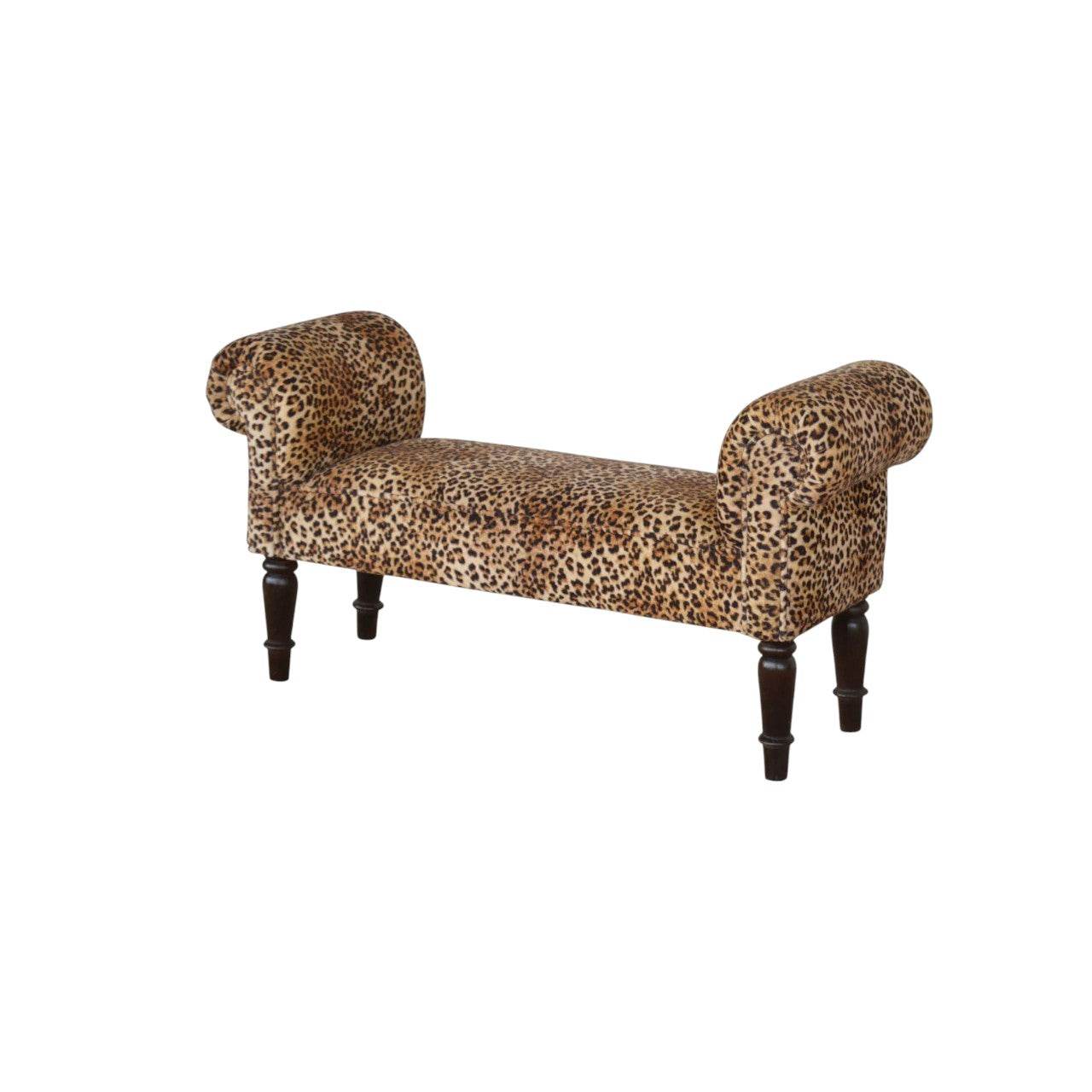 Leopard Print Velvet Bench Solid Mango Wood Legs