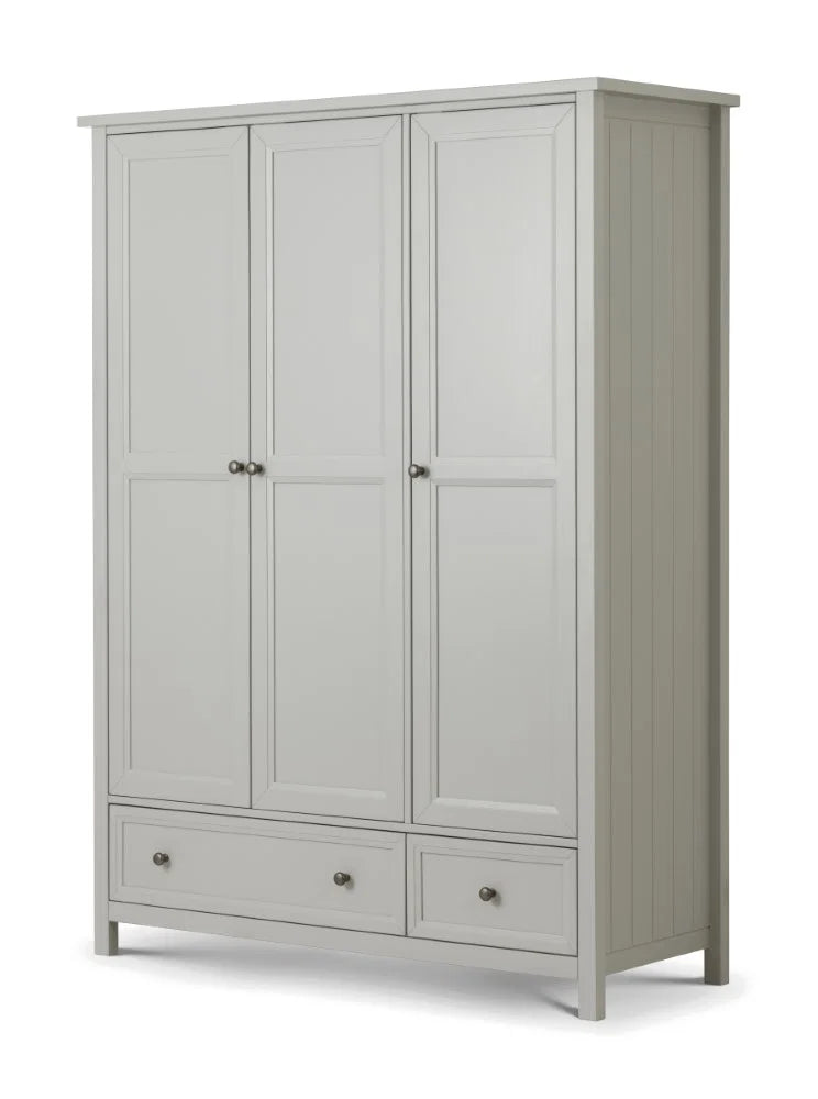 Julian Bowen Maine 3 Door Combination Wardrobe with 2 Drawers – Dove Grey Lacquered Finish | New England Style Bedroom Storage