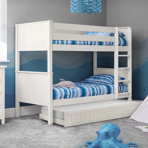 Maine White Wooden Bunk Bed with Convertible Twin Single Design – New England Style Kids & Guest Bed Frame