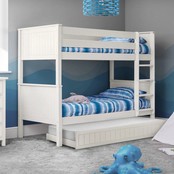 Maine White Wooden Bunk Bed with Convertible Twin Single Design – New England Style Kids & Guest Bed Frame