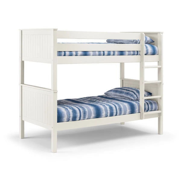 Maine White Wooden Bunk Bed with Convertible Twin Single Design – New England Style Kids & Guest Bed Frame