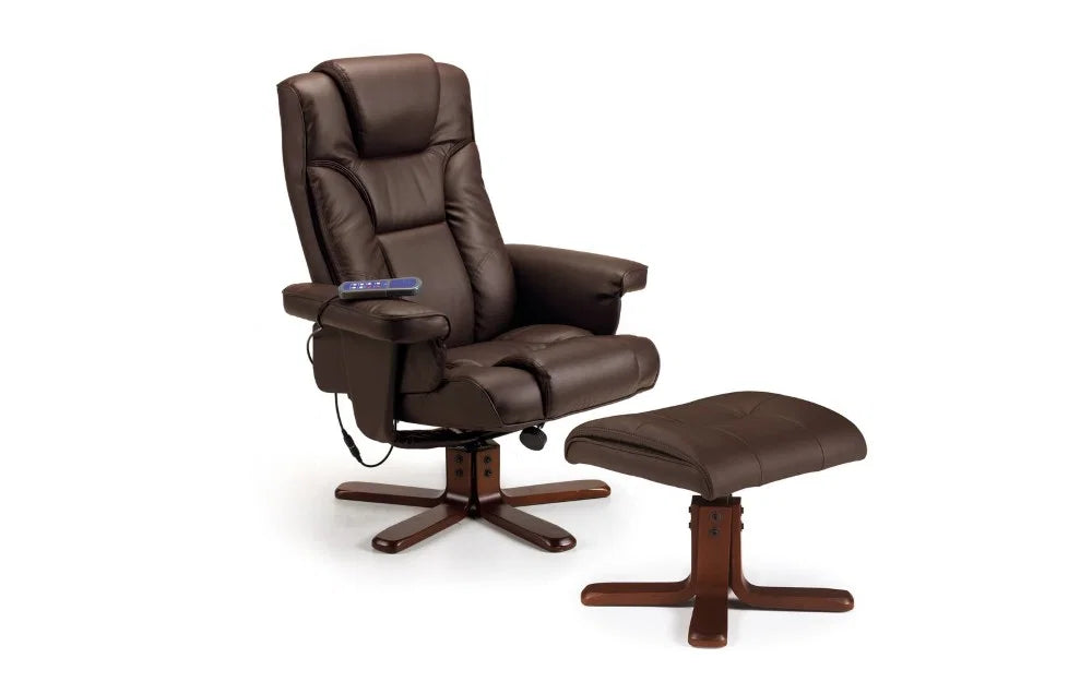 Malmo Faux Leather Massage Recliner Chair & Footstool with 8-Point Massage, Heated Lumbar Support & Swivel Base – Walnut Finish