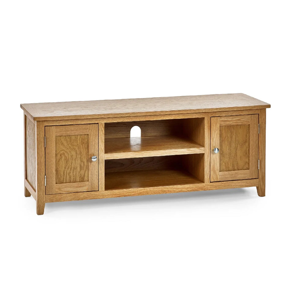 Mallory Solid Oak Widescreen TV Unit with 2 Cupboards & Open Shelves – FSC® Mix Certified