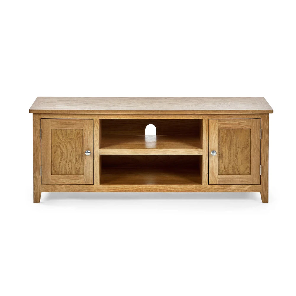 Mallory Solid Oak Widescreen TV Unit with 2 Cupboards & Open Shelves – FSC® Mix Certified