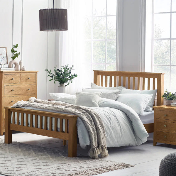 Mallory Solid Oak High Footend Bed Frame – Classic Wooden Bed with Slatted Base – Double & King Size