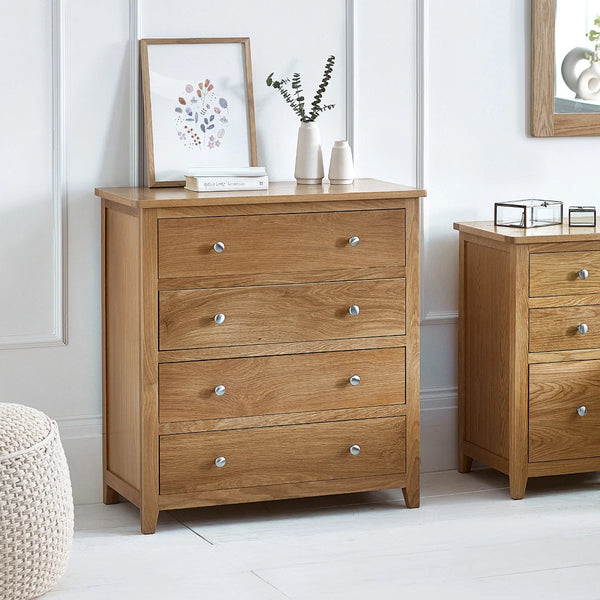 Mallory Solid Oak 4 Drawer Chest of Drawers with Silver Knobs