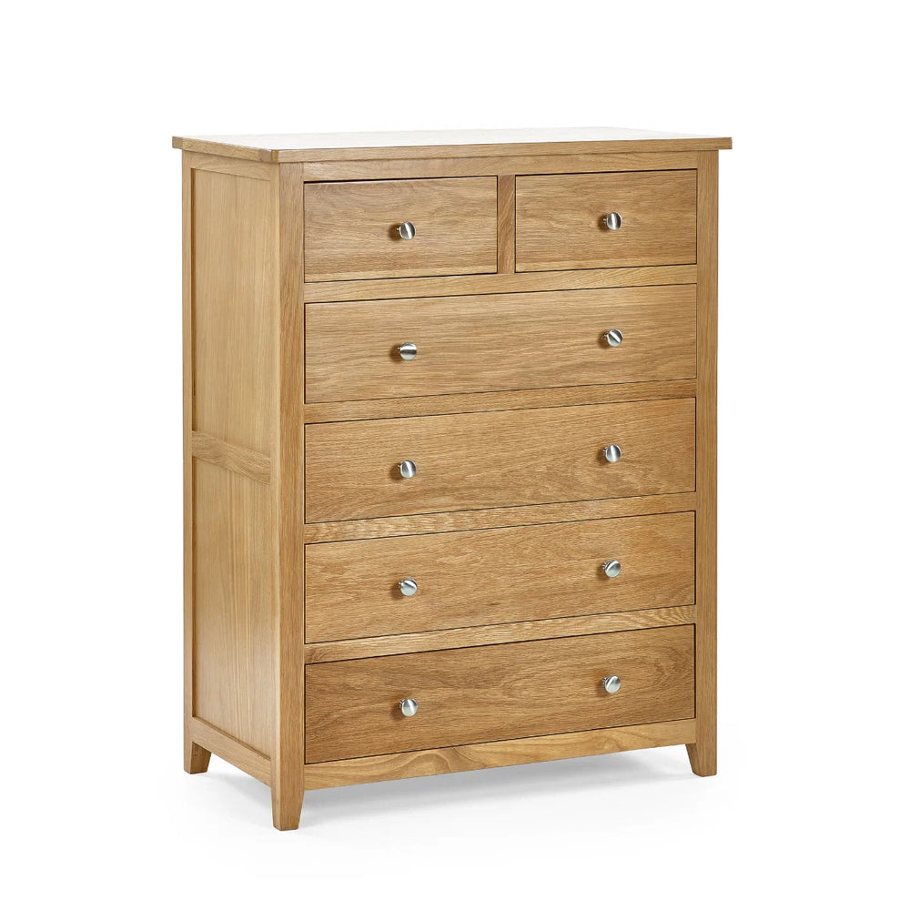 Mallory Solid Oak 6 Drawer Chest (4+2) – Oak Veneer Bedroom Storage Cabinet with Silver Knobs