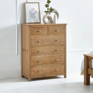 Mallory Solid Oak 6 Drawer Chest (4+2) – Oak Veneer Bedroom Storage Cabinet with Silver Knobs