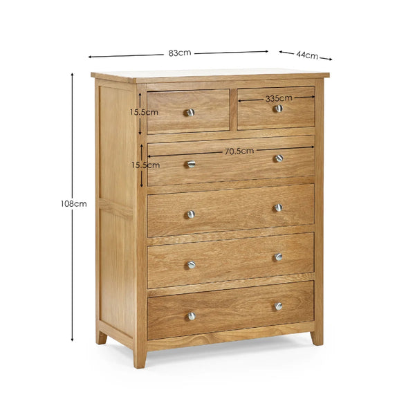 Mallory Solid Oak 6 Drawer Chest (4+2) – Oak Veneer Bedroom Storage Cabinet with Silver Knobs
