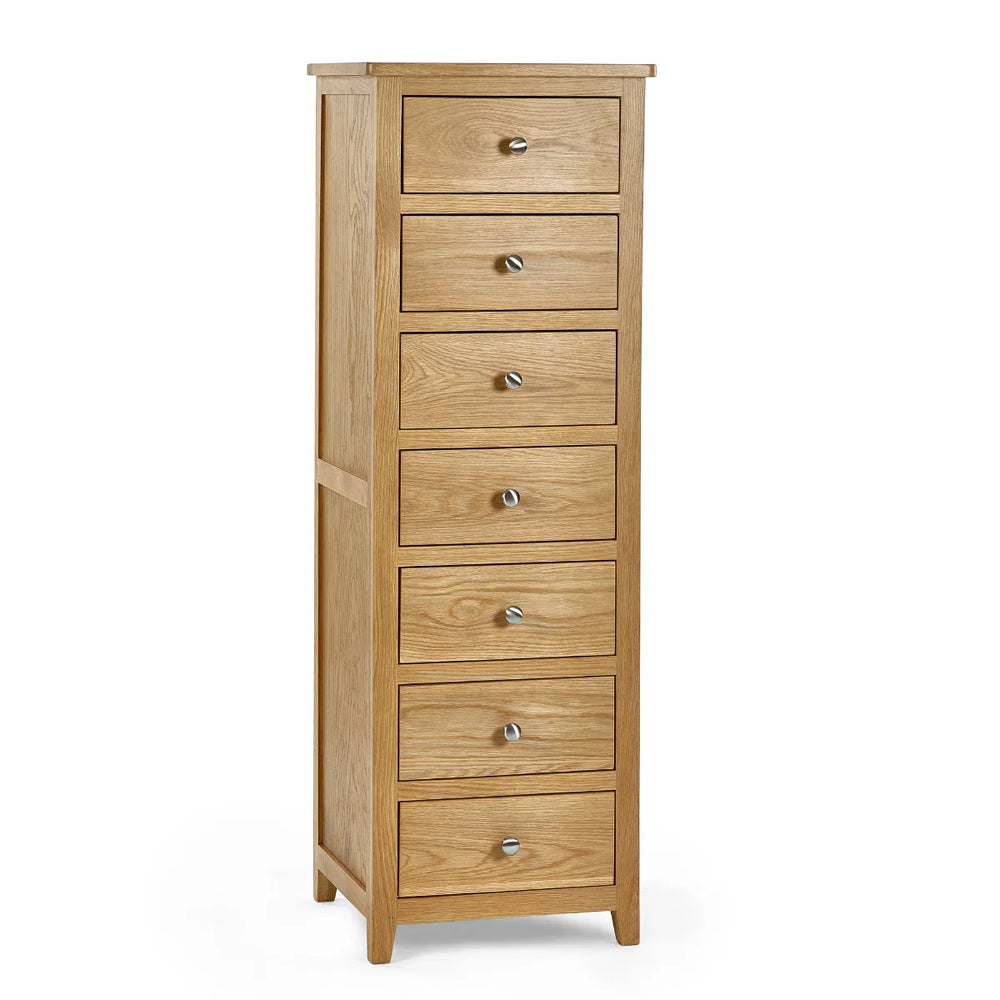 Mallory Solid Oak 7 Drawer Slim Chest – Narrow Wooden Bedroom Storage Cabinet with Oak Veneer Finish