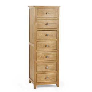 Mallory Solid Oak 7 Drawer Slim Chest – Narrow Wooden Bedroom Storage Cabinet with Oak Veneer Finish