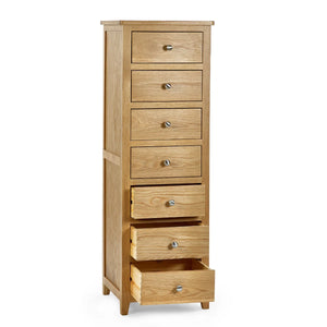Mallory Solid Oak 7 Drawer Slim Chest – Narrow Wooden Bedroom Storage Cabinet with Oak Veneer Finish