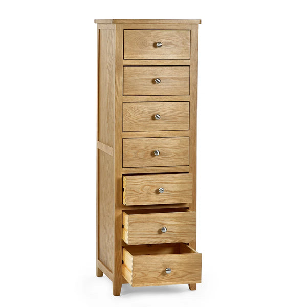 Mallory Solid Oak 7 Drawer Slim Chest – Narrow Wooden Bedroom Storage Cabinet with Oak Veneer Finish