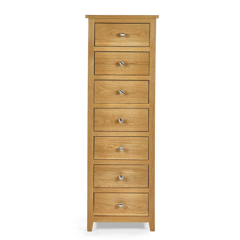Mallory Solid Oak 7 Drawer Slim Chest – Narrow Wooden Bedroom Storage Cabinet with Oak Veneer Finish