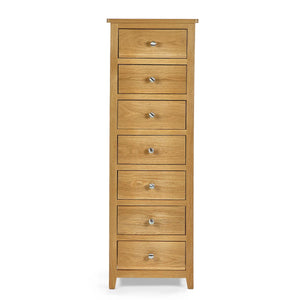 Mallory Solid Oak 7 Drawer Slim Chest – Narrow Wooden Bedroom Storage Cabinet with Oak Veneer Finish