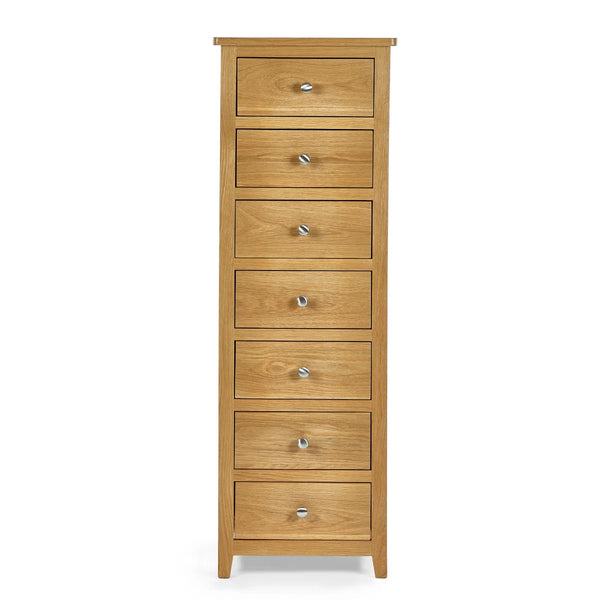 Mallory Solid Oak 7 Drawer Slim Chest – Narrow Wooden Bedroom Storage Cabinet with Oak Veneer Finish