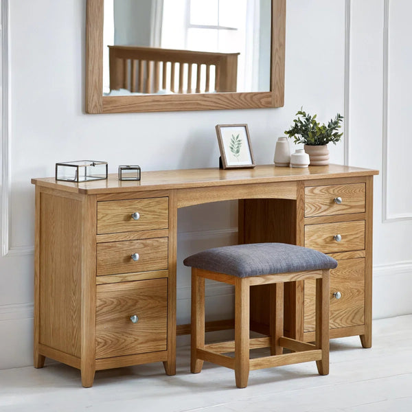 Julian Bowen Mallory Solid Oak 6 Drawer Dressing Table with Grey Padded Stool – Oak Veneer Bedroom Vanity Set