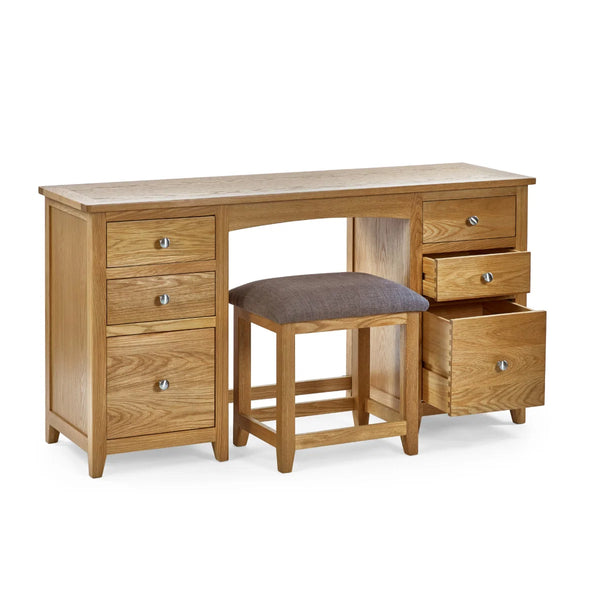 Julian Bowen Mallory Solid Oak 6 Drawer Dressing Table with Grey Padded Stool – Oak Veneer Bedroom Vanity Set