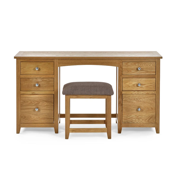 Julian Bowen Mallory Solid Oak 6 Drawer Dressing Table with Grey Padded Stool – Oak Veneer Bedroom Vanity Set