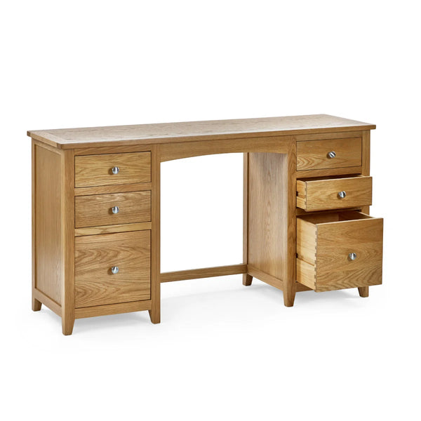 Julian Bowen Mallory Solid Oak 6 Drawer Dressing Table with Grey Padded Stool – Oak Veneer Bedroom Vanity Set