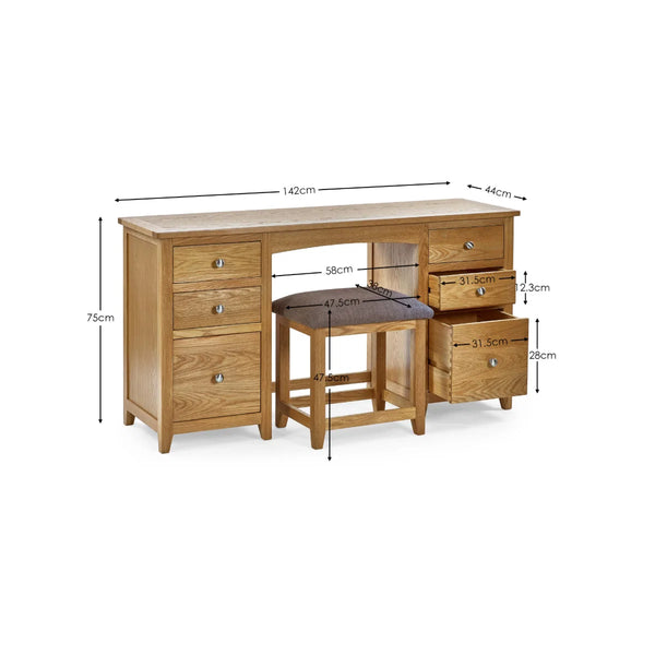 Julian Bowen Mallory Solid Oak 6 Drawer Dressing Table with Grey Padded Stool – Oak Veneer Bedroom Vanity Set