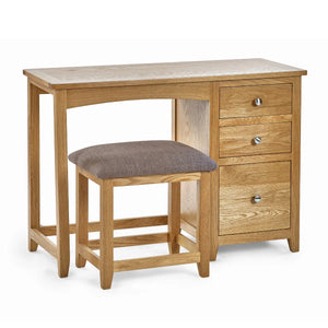 Mallory Solid Oak 3 Drawer Dressing Table with Grey Padded Stool – Oak Veneer Bedroom Vanity Set