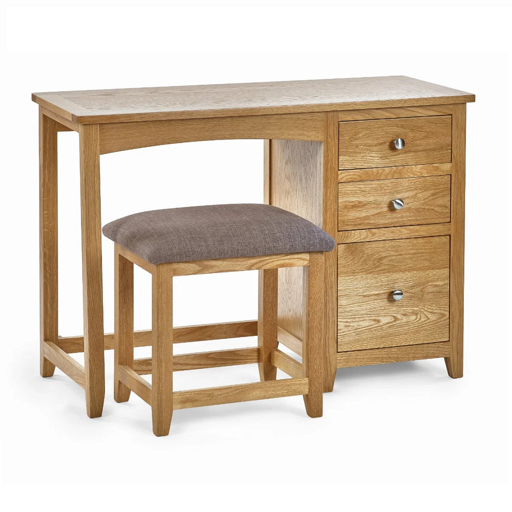 Mallory Solid Oak 3 Drawer Dressing Table with Grey Padded Stool – Oak Veneer Bedroom Vanity Set