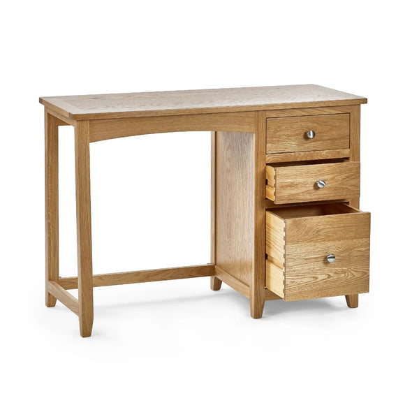 Mallory Solid Oak 3 Drawer Dressing Table with Grey Padded Stool – Oak Veneer Bedroom Vanity Set