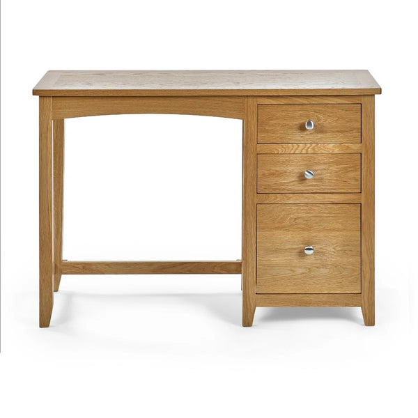 Mallory Solid Oak 3 Drawer Dressing Table with Grey Padded Stool – Oak Veneer Bedroom Vanity Set