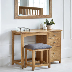 Mallory Solid Oak 3 Drawer Dressing Table with Grey Padded Stool – Oak Veneer Bedroom Vanity Set
