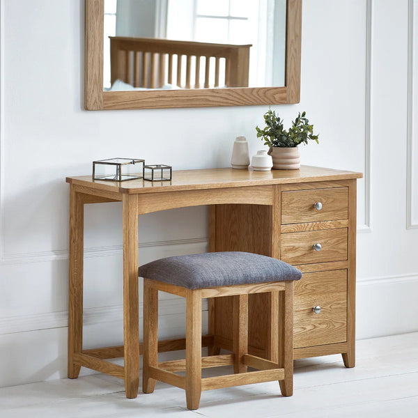 Mallory Solid Oak 3 Drawer Dressing Table with Grey Padded Stool – Oak Veneer Bedroom Vanity Set