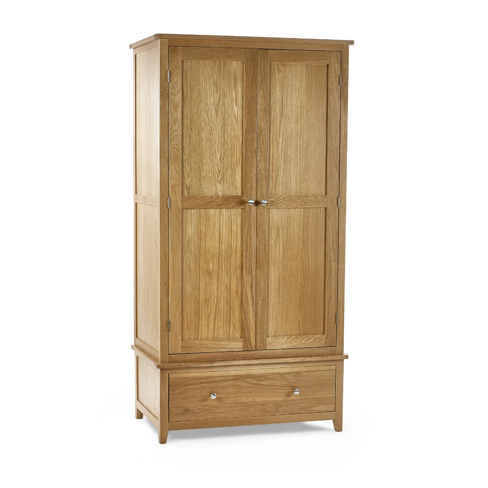 Mallory Solid Oak 2 Door 1 Drawer Wardrobe – Double Wooden Bedroom Storage with Drawer