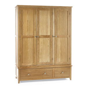 Mallory Solid Oak 3 Door Wardrobe with 2 Drawers – Oak Finish Bedroom Storage Cabinet