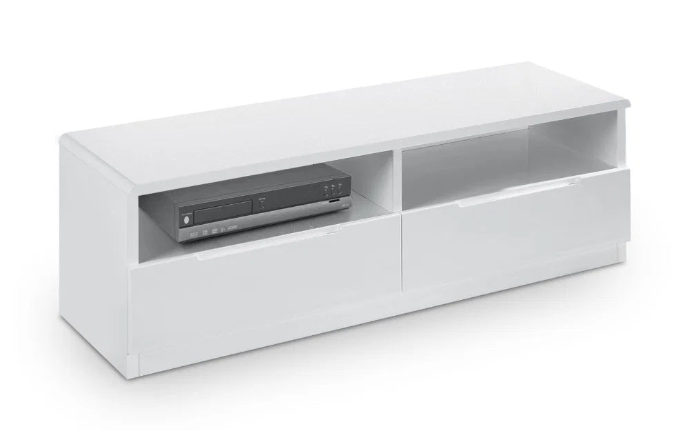 Julian Bowen Manhattan 2 Drawer Media Unit – White High Gloss TV Stand with Open Shelving Storage