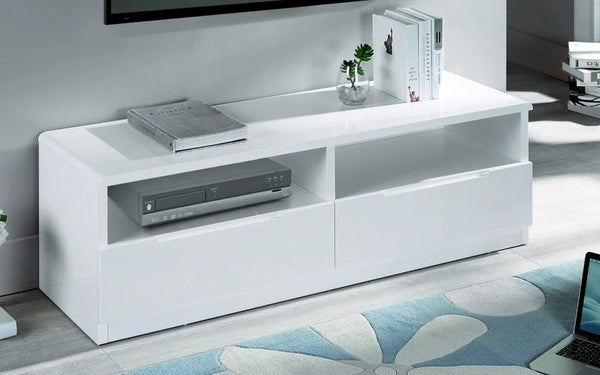 Julian Bowen Manhattan 2 Drawer Media Unit – White High Gloss TV Stand with Open Shelving Storage