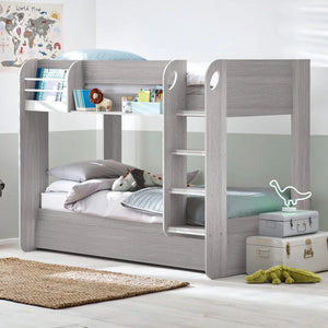 Mars Grey Oak Wooden Bunk Bed with Pull-Out Trundle & Storage Shelving