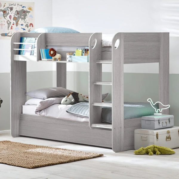 Mars Grey Oak Wooden Bunk Bed with Pull-Out Trundle & Storage Shelving