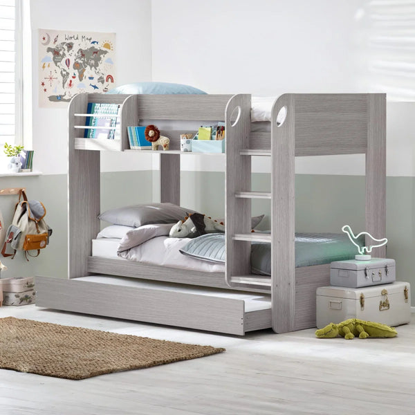 Mars Grey Oak Wooden Bunk Bed with Pull-Out Trundle & Storage Shelving
