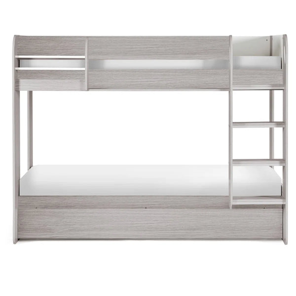 Mars Grey Oak Wooden Bunk Bed with Pull-Out Trundle & Storage Shelving