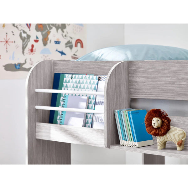 Mars Grey Oak Wooden Bunk Bed with Pull-Out Trundle & Storage Shelving