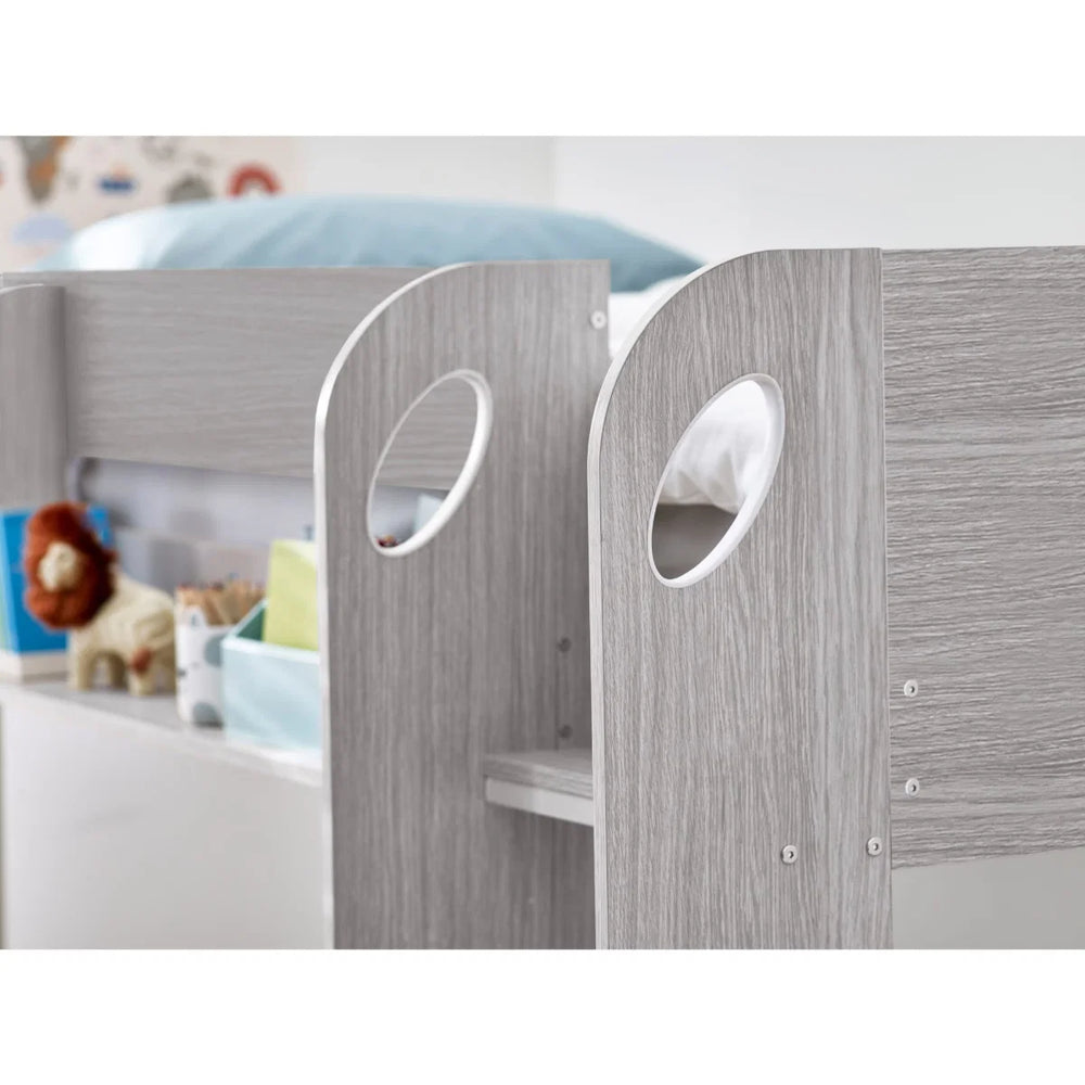 Mars Grey Oak Wooden Bunk Bed with Pull-Out Trundle & Storage Shelving