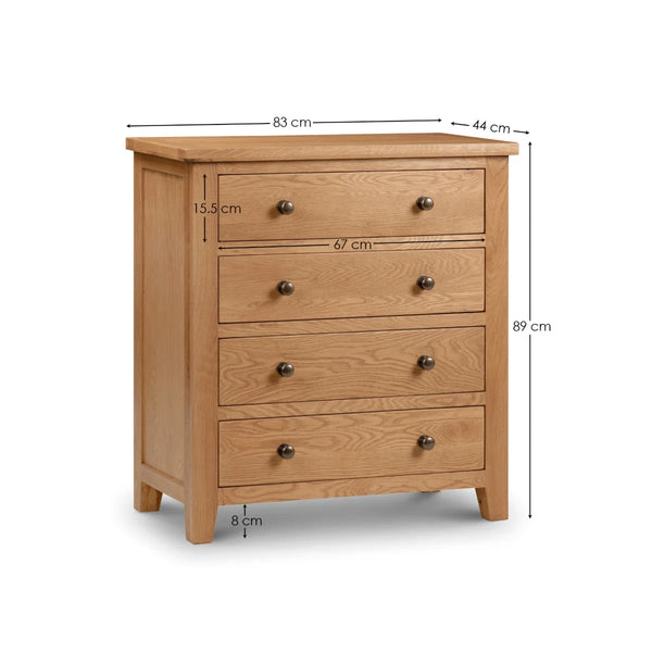 Julian Bowen Marlborough White Oak 4 Drawer Chest with Waxed Finish