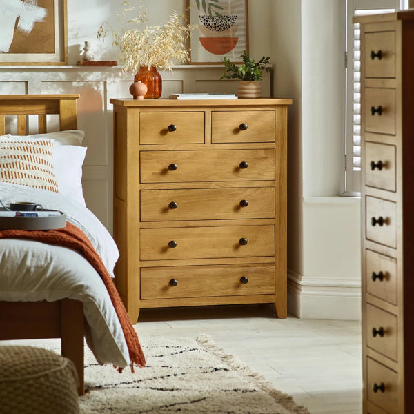 Julian Bowen Marlborough Oak 4+2 Drawer Chest – Solid White Oak & Oak Veneers Bedroom Storage Unit with Waxed Finish