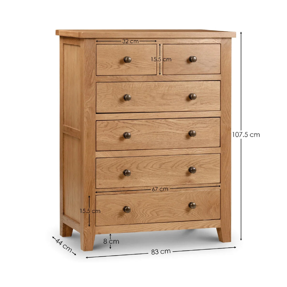 Julian Bowen Marlborough Oak 4+2 Drawer Chest – Solid White Oak & Oak Veneers Bedroom Storage Unit with Waxed Finish
