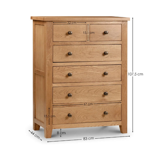 Julian Bowen Marlborough Oak 4+2 Drawer Chest – Solid White Oak & Oak Veneers Bedroom Storage Unit with Waxed Finish