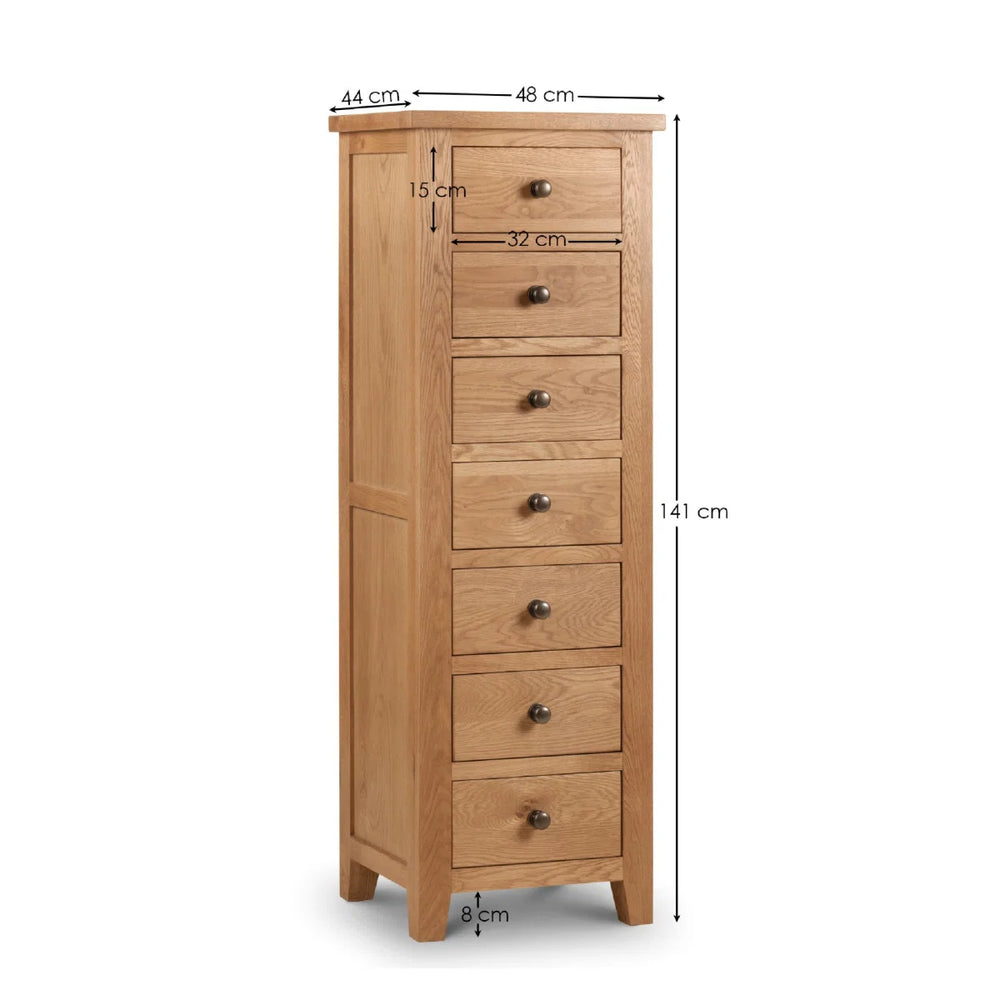 Julian Bowen Marlborough Oak 7 Drawer Narrow Chest – Solid White Oak & Oak Veneers, Waxed Finish Bedroom Storage Unit
