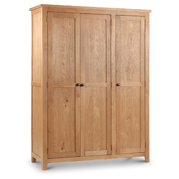 Julian Bowen Marlborough 3 Door Oak Wardrobe with Hanging Rail & Shelving Storage – Solid White Oak & Oak Veneers – Waxed Finish – 142cm